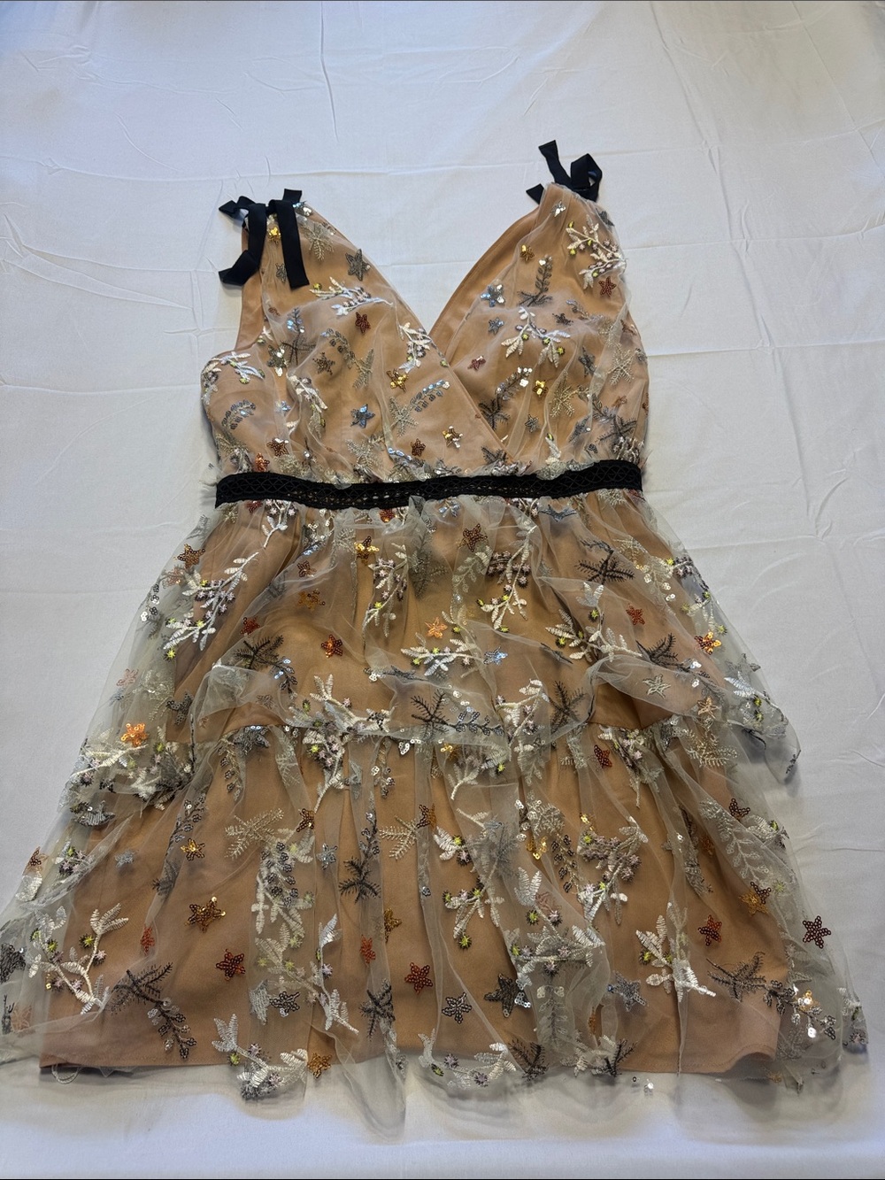 Self-Portrait Nude and Black Embroidered Tulle Party Dress - Picture 6 of 7